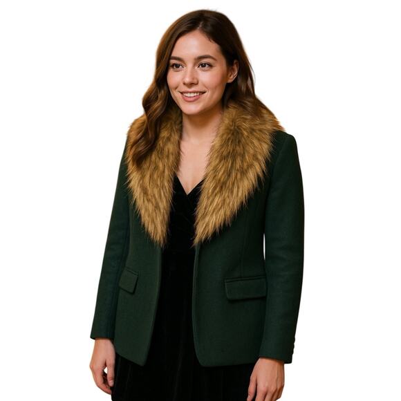 Tobi Wool Blend Blazer Faux Fur Collar Women Forest Green Tan Sz M Holiday Coat - Picture 1 of 14